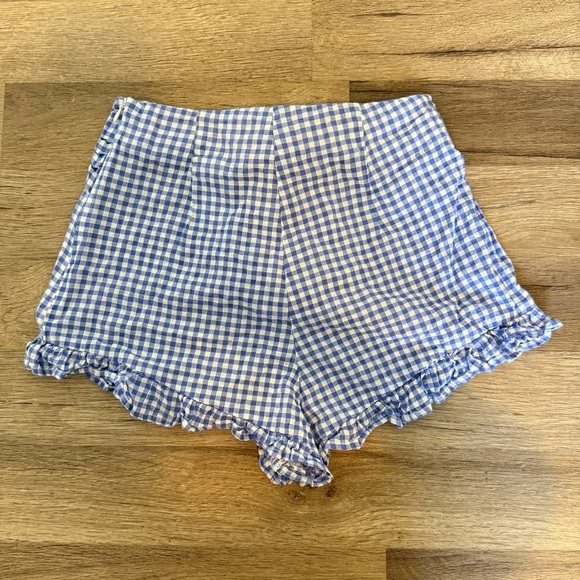 H&M Blue Gingham Women's High Waist Ribbon Ruffle Shorts sz 4 - Picture 5 of 8